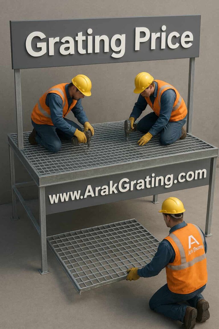 کارگران در حال ساخت سکوی گریتینگ فلزی با نمایش قیمت گریتینگ