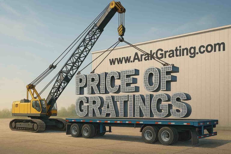 جرثقیل در حال بارگیری سازه مشبک فلزی با برچسب نمایان هزینه انواع گریتینگ