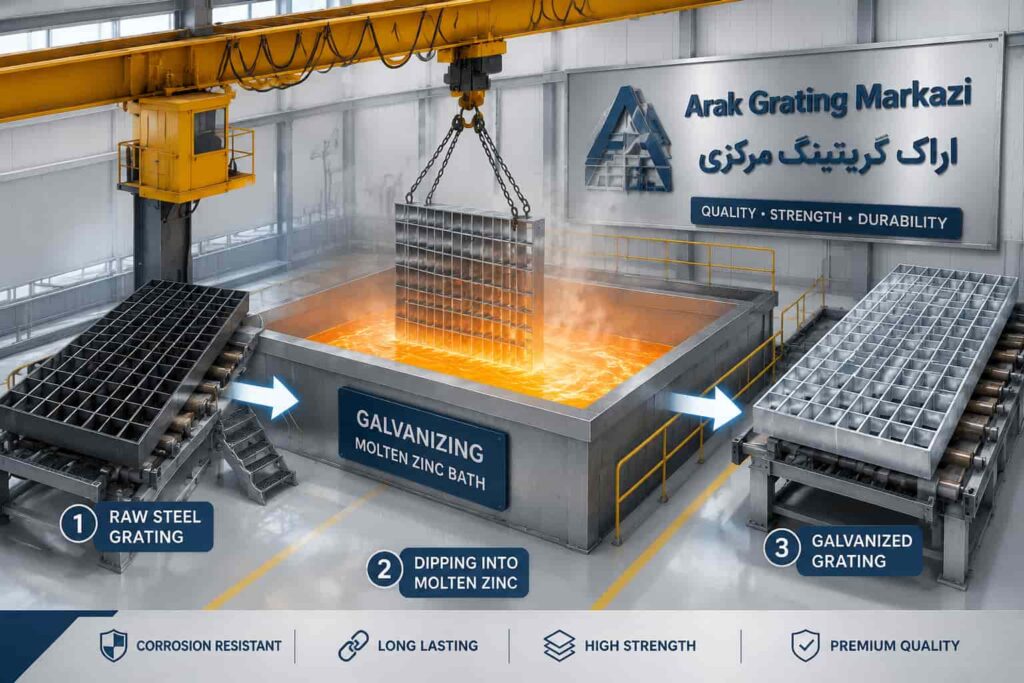 تصویر سه‌بعدی فرایند گالوانیزه گرم گریتینگ فلزی در اراک گریتینگ مرکزی