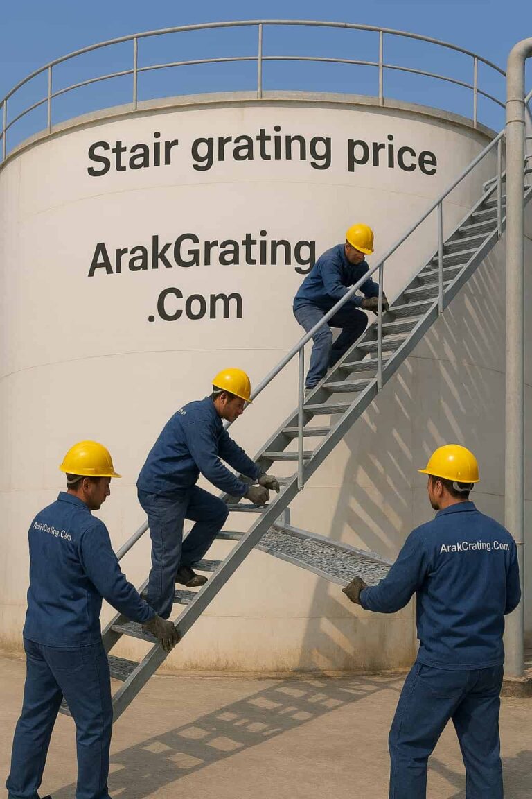 نصب گریتینگ پله فلزی توسط کارگران روی مخزن پالایشگاه